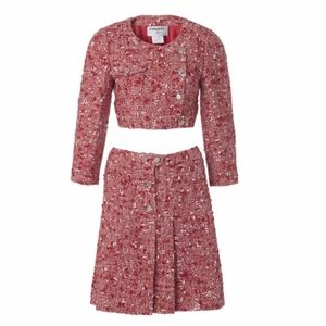 Chanel Red white Wool Tweed crop Jacket Skirt Suit